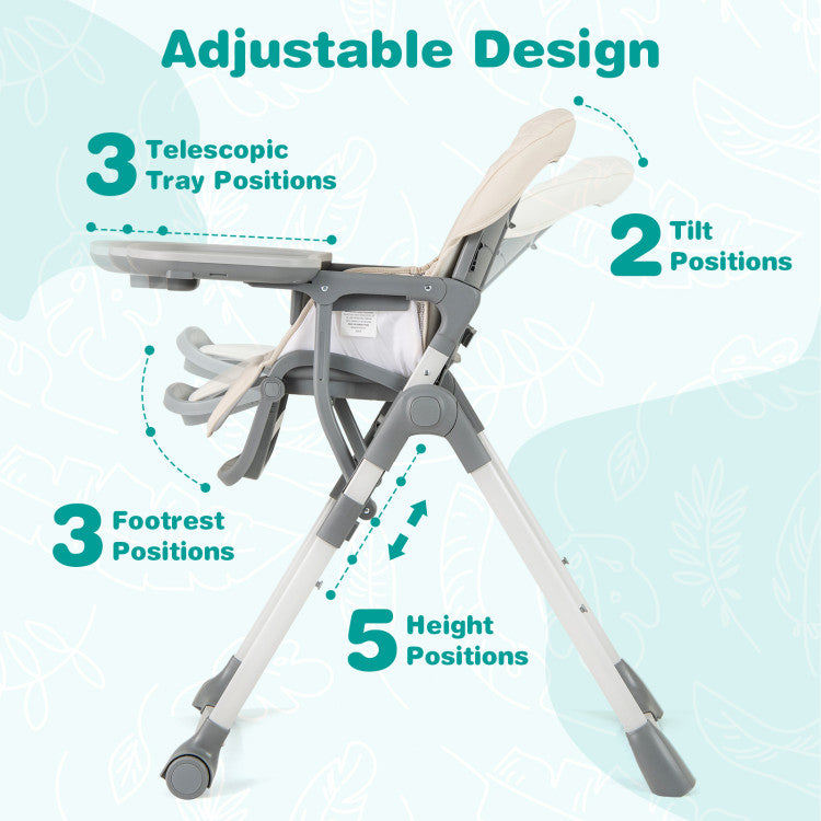 Foldable High Chair with Footrest and Detachable Tray