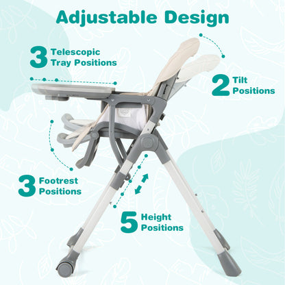 Foldable High Chair with Footrest and Detachable Tray