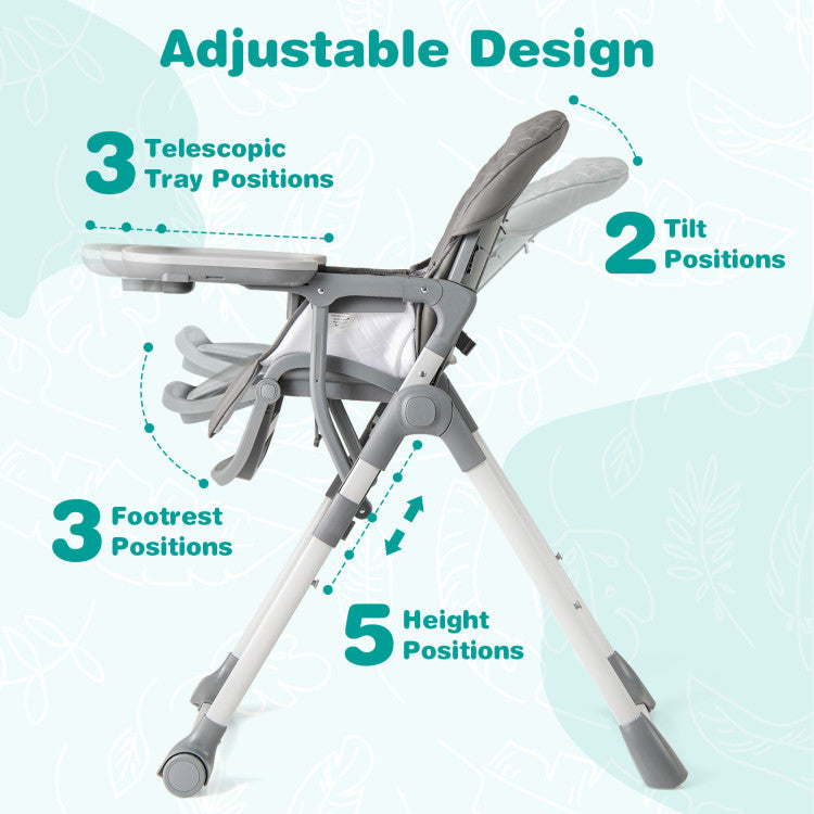 Foldable High Chair with Footrest and Detachable Tray