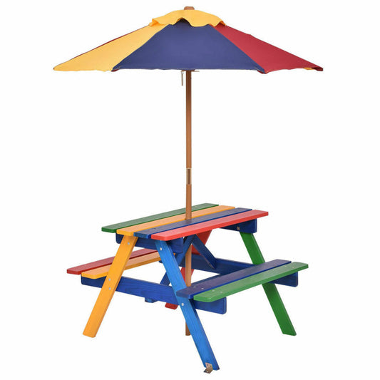 4-Seat Outdoor Kids Picnic Table Bench Set with Removable Umbrella