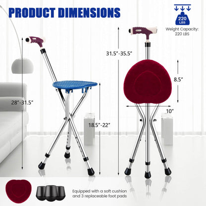 Adjustable Lightweight Folding Cane Seat with Light