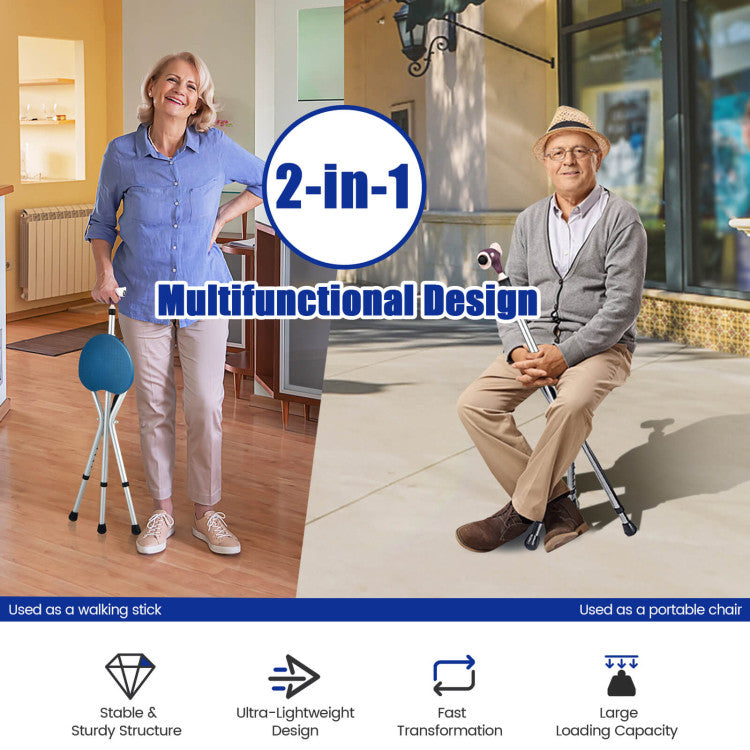 Adjustable Lightweight Folding Cane Seat with Light