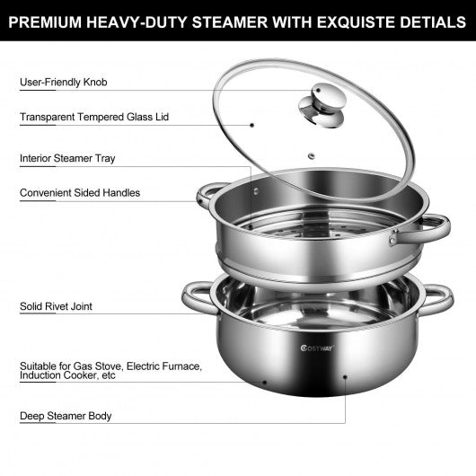 9.5 QT 2 Tier Stainless Steel Steamer Cookware Boiler