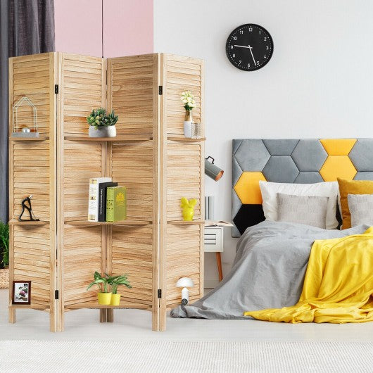 4 Panel Freestanding Folding Hinged Room Divider /w 3 Display Shelves