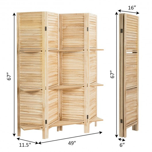 4 Panel Freestanding Folding Hinged Room Divider /w 3 Display Shelves