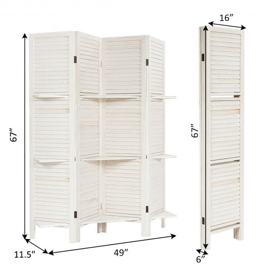 4 Panel Freestanding Folding Hinged Room Divider /w 3 Display Shelves