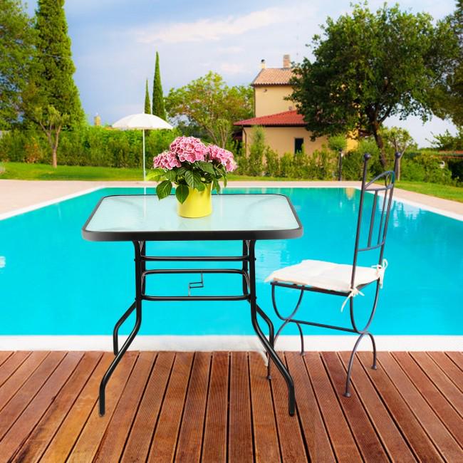 32 Inch Patio Tempered Glass Steel Frame Square Table