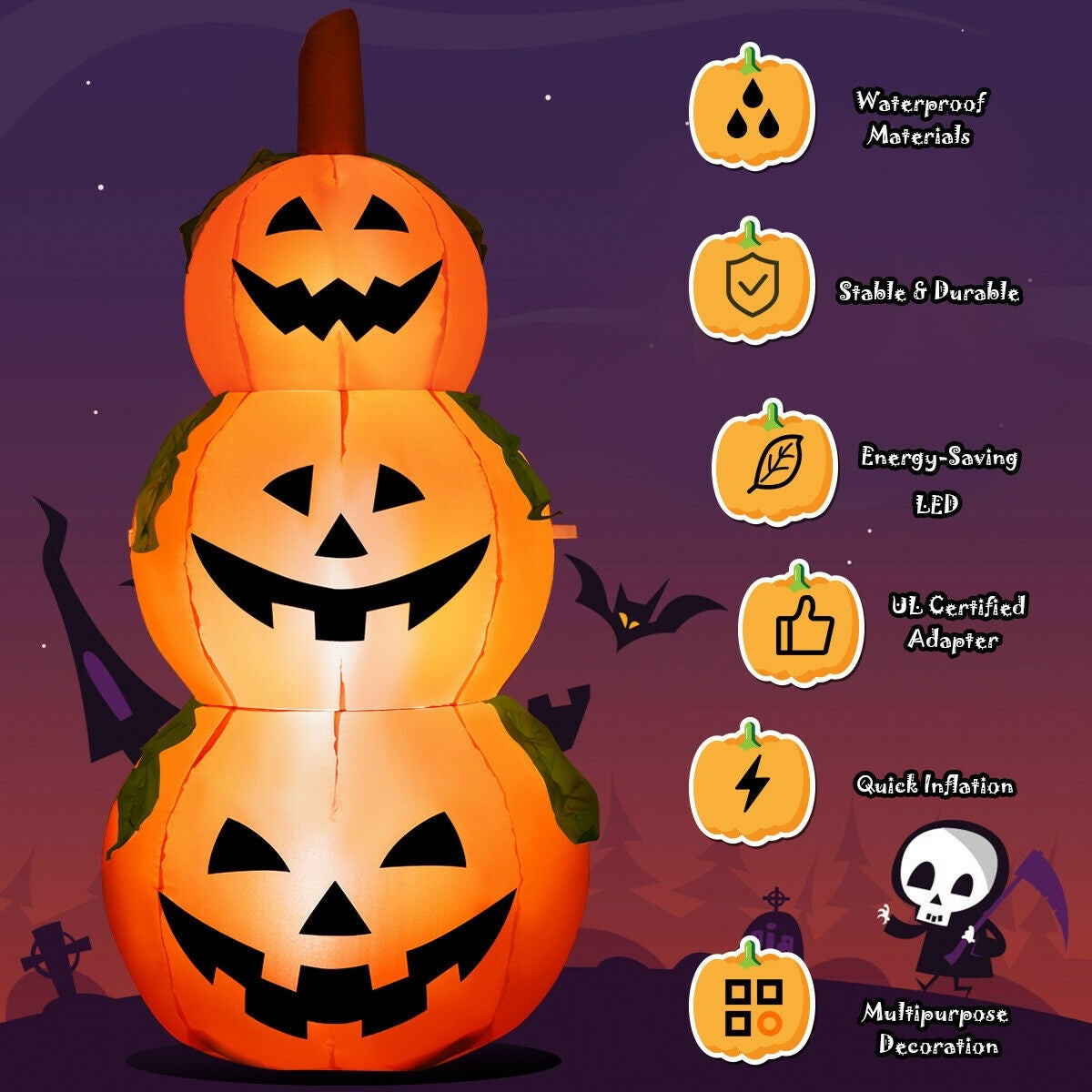 5 ft Halloween Inflatable 3-Pumpkin Stack Ghost