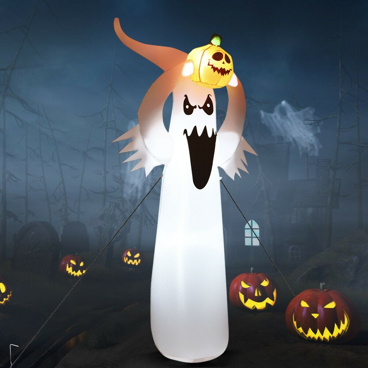 6 Feet Halloween Inflatable Blow Up Ghost with Pumpkin and LED Lights
