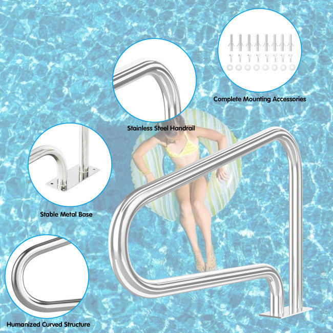 2 Pieces Stainless Steel Hand Rail Set with Quick Mount Base for Swimming Pool in Summer