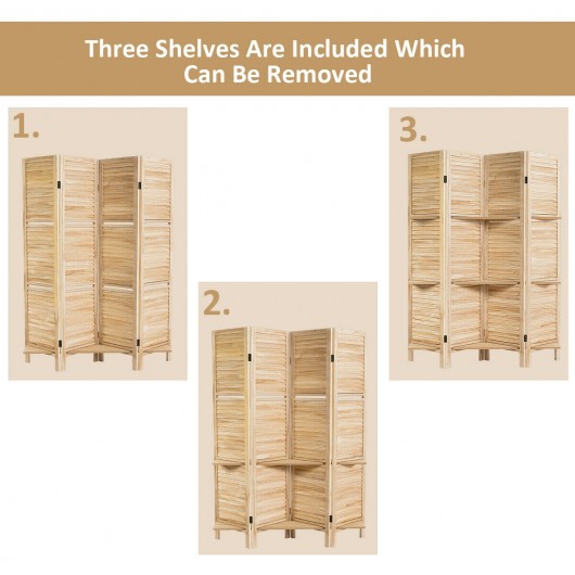 4 Panel Freestanding Folding Hinged Room Divider /w 3 Display Shelves