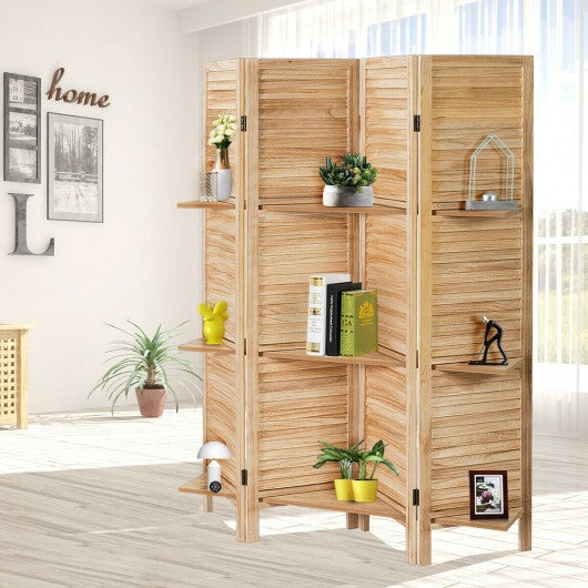 4 Panel Freestanding Folding Hinged Room Divider /w 3 Display Shelves