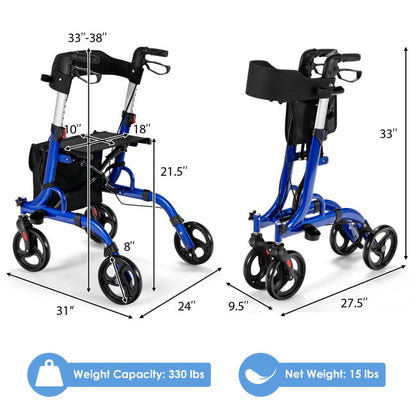 Folding Aluminum Rollator Walker with 8 inch Wheels and Seat-Blue