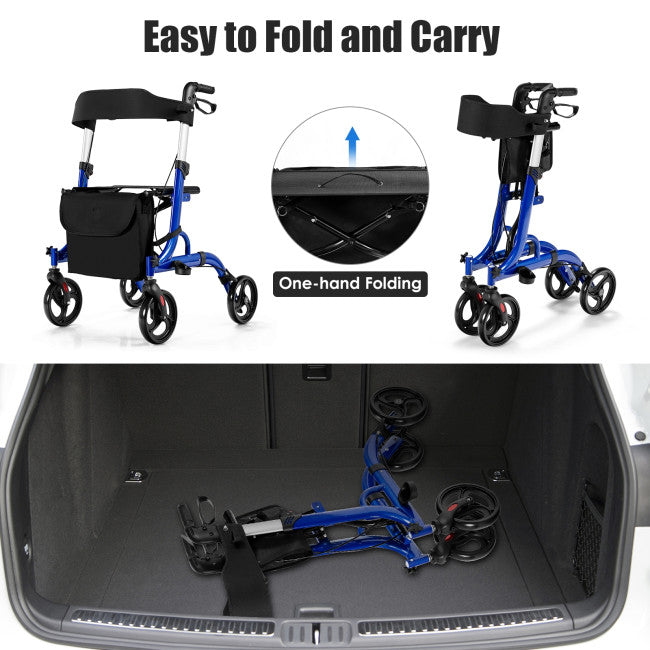 Folding Aluminum Rollator Walker with 8 inch Wheels and Seat-Blue
