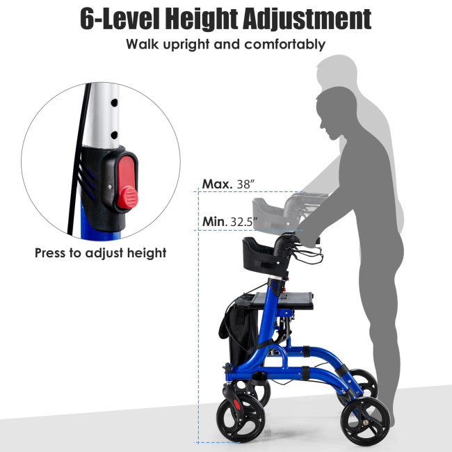 Folding Aluminum Rollator Walker with 8 inch Wheels and Seat-Blue